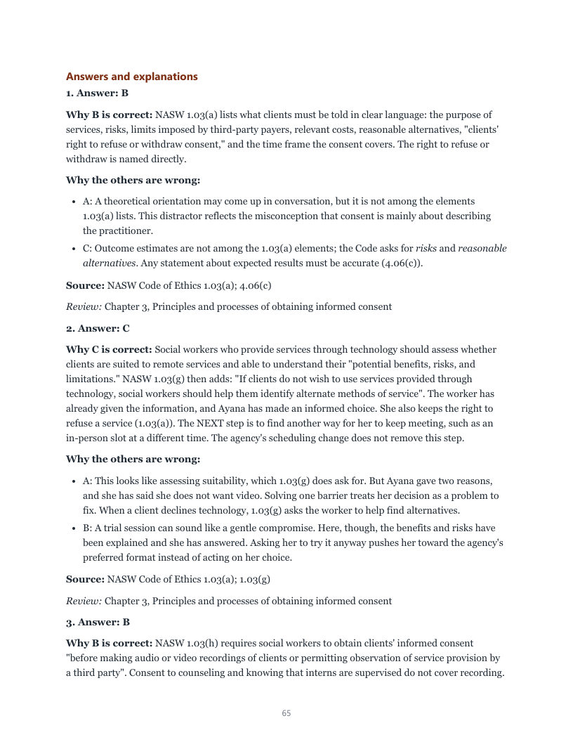 An answer key page explaining why each option is right or wrong