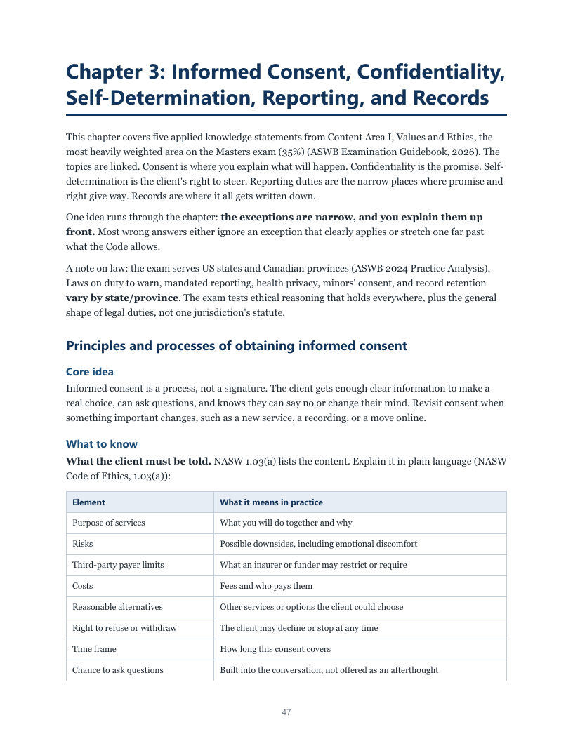 A chapter page on informed consent, with a table of what clients must be told